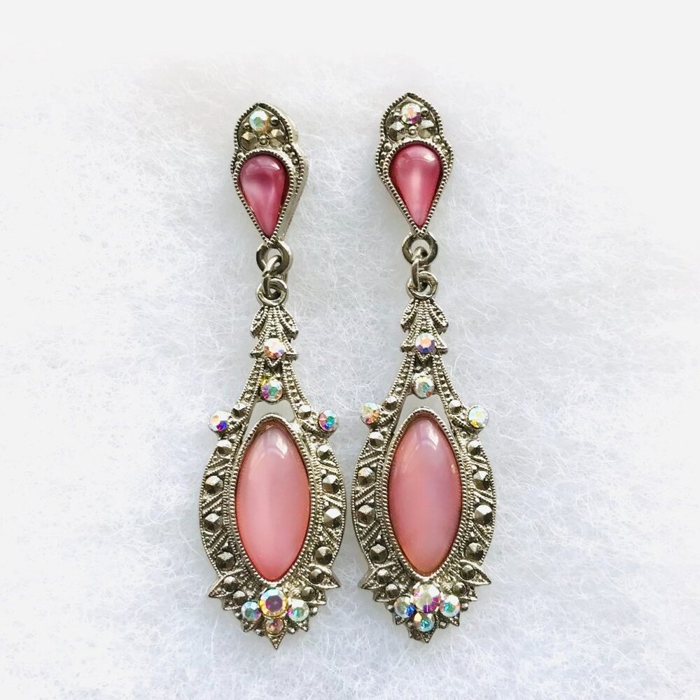 Vintage Silver-Toned Faux Pink Moonstone Dangle Earrings
